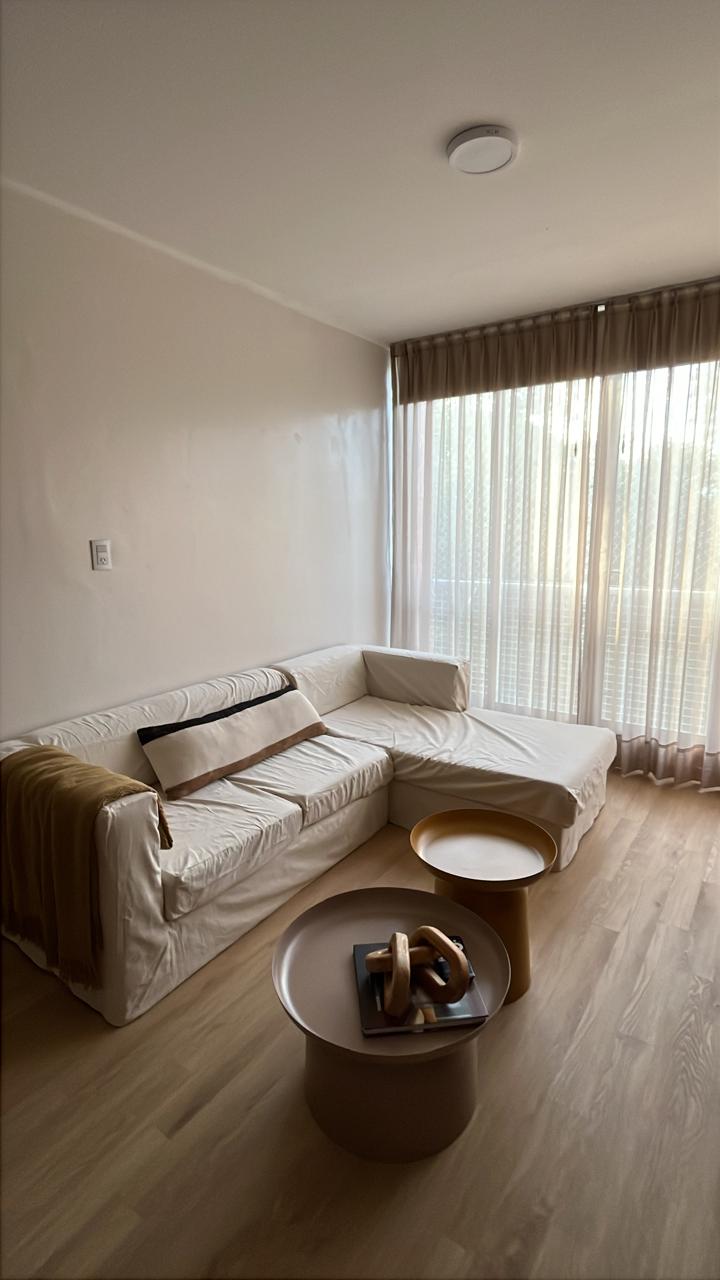 Living del departamento y ventanal frente al parque